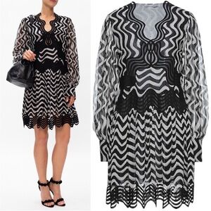 Stella McCartney Kinley Silk Zig Zag Two Tone Long Sleeve Mini Dress NWT Black